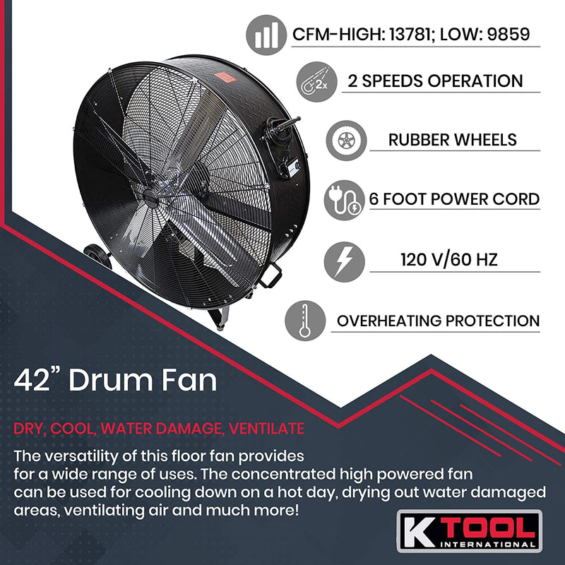 Belt Drive Drum Fan - Industrial  42” Fan77742, 2-Speed Durable, 14,800 Max CFM - Cut-Off Protection, Easy Mobility Wheels; 1 Year Warranty