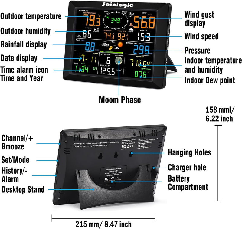 Sainlogic Wifi Weather Station, 8.3 Inch Large Display Wireless Weather Station, Indoor Outdoor with Rain Gauge and Wind Speed, Weather Forecast, Wind Gauge