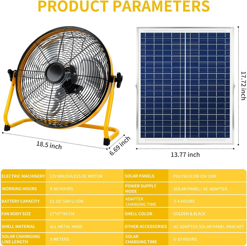 CYBERDAX Portable Wireless Solar Fan,16 Inch Portable Rechargeable Solar Fan, Floor/Table , Air Circulation Fan Powered by Solar Panel and AC Charger Dual Input for Indoor Household, Office, Camping, Picnic Outdoors