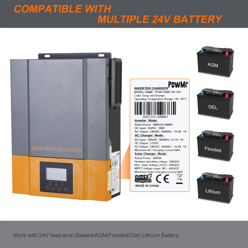 2400W Hybrid Solar Inverter 24V 230V PV Panel Max 450V Built in MPPT 80A Solar Charger Controller Pure Sine Wave Inversor