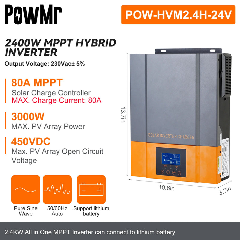 2400W Hybrid Solar Inverter 24V 230V PV Panel Max 450V Built in MPPT 80A Solar Charger Controller Pure Sine Wave Inversor