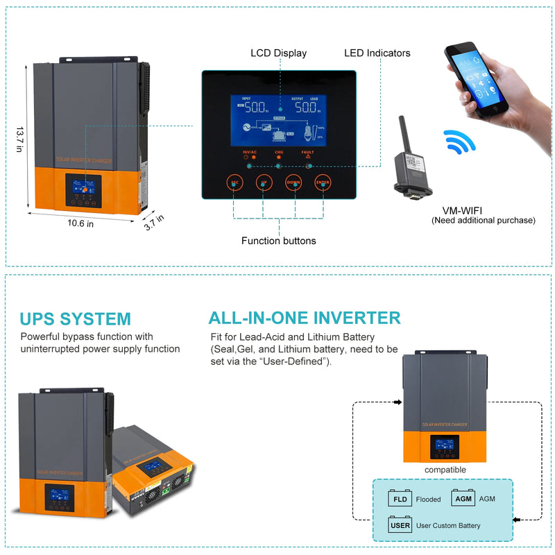 2400W Hybrid Solar Inverter 24V 230V PV Panel Max 450V Built in MPPT 80A Solar Charger Controller Pure Sine Wave Inversor