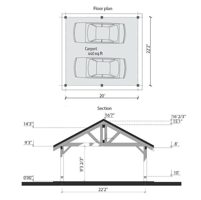 TIMBER FRAME CARPORT - TWO CAR CANOPY - 13 X 27' 400 sq.ft.