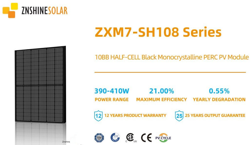 ZNShine 410W 108 Half-Cell Mono PERC BOB Tier 1 Solar Panel - PowerSupplyUSA.net