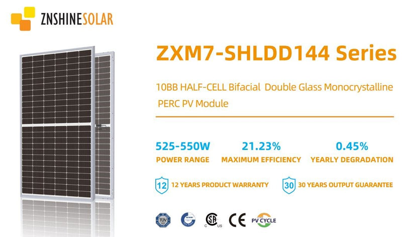 ZNShine 550W 144 Half-Cell Mono PERC Tier 1 Bifacial Solar Panel - PowerSupplyUSA.net