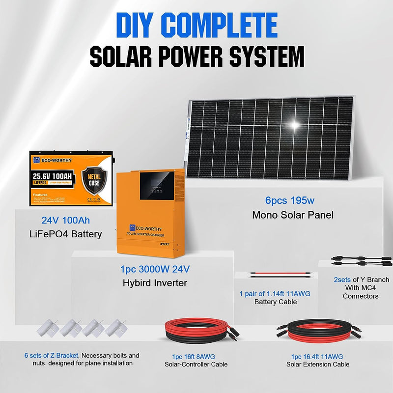 4.8KWH Solar Power Complete Kit 1200W 24V with Lithium Battery and Inverter for Home: 6Pcs 195W Solar Panel + 1Pc 25.6V 100Ah Li-Battery + 3000W MPPT Hybrid Charger Inverter