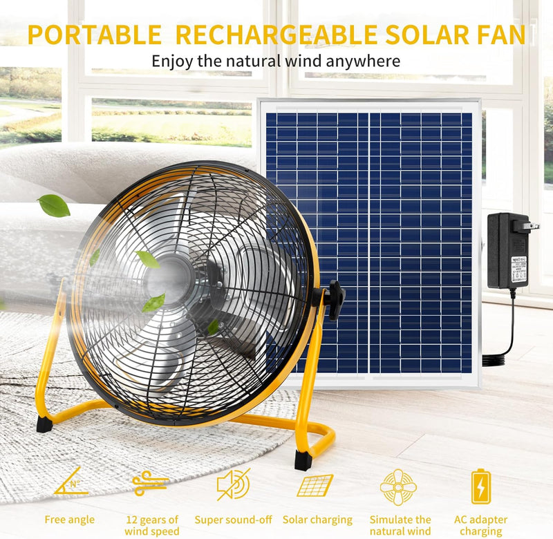 CYBERDAX Portable Wireless Solar Fan,16 Inch Portable Rechargeable Solar Fan, Floor/Table , Air Circulation Fan Powered by Solar Panel and AC Charger Dual Input for Indoor Household, Office, Camping, Picnic Outdoors