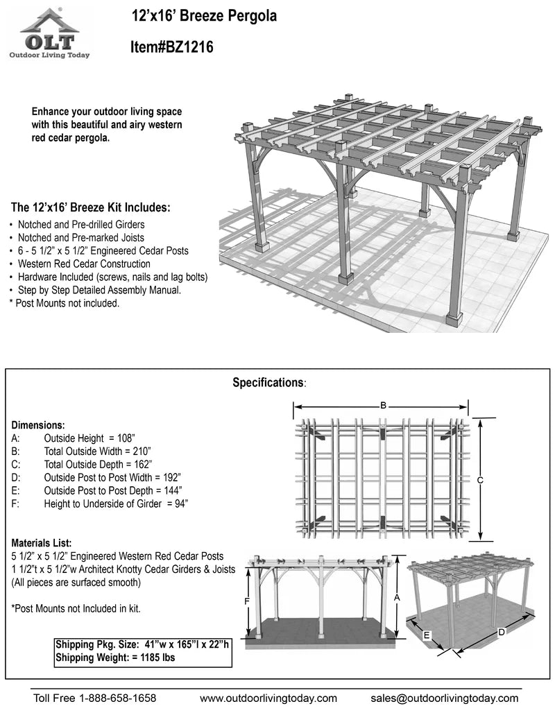 Breeze 12 Ft. W X 20 Ft. D Cedar Wood Pergolas 6 Post