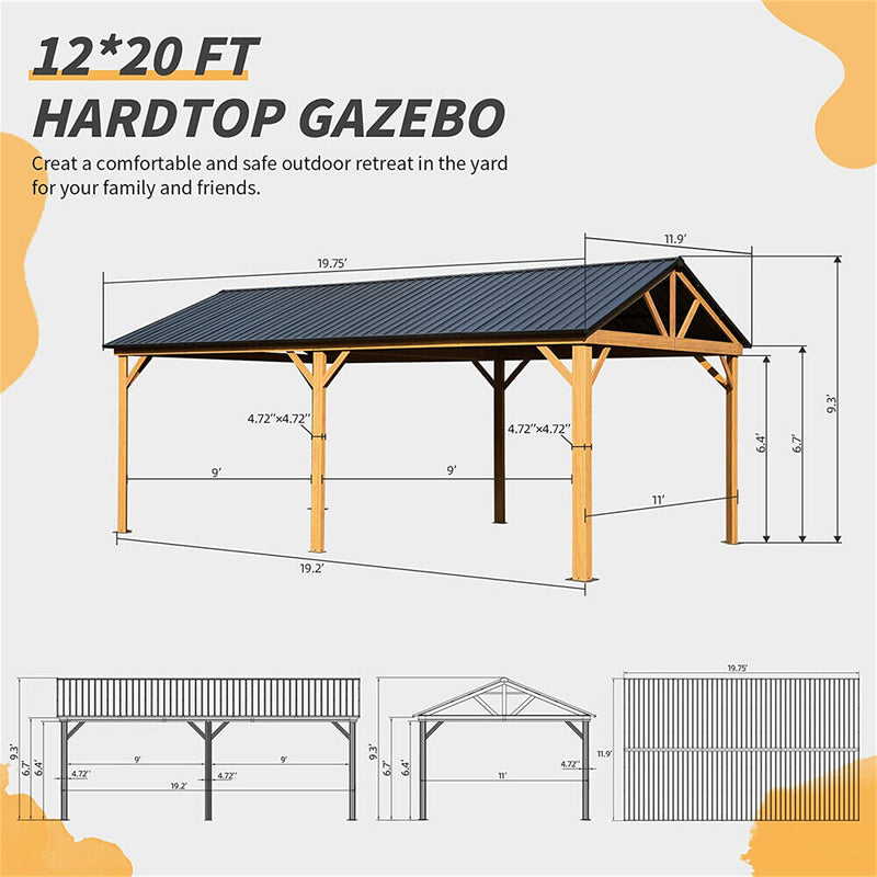 Outdoor Permanent Gazebo, Galvanized Steel Gable Roof Pergola12X20Ft 
