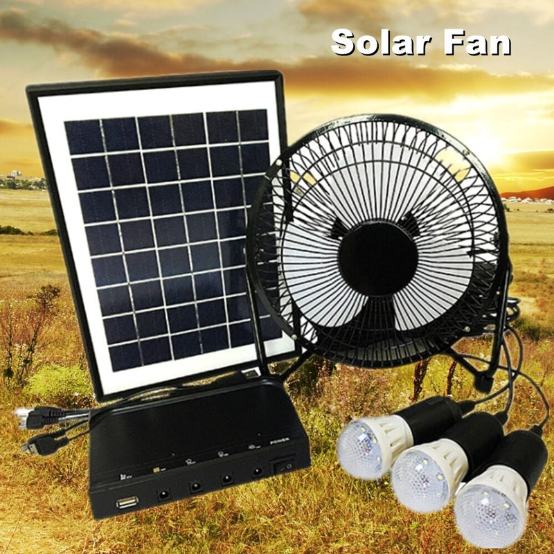 8IN 12V Solar DC System Fan Solar Lighting Fan System Solar Power Generation System with 3 LED Bulbs Light for Indoor or Outdoor