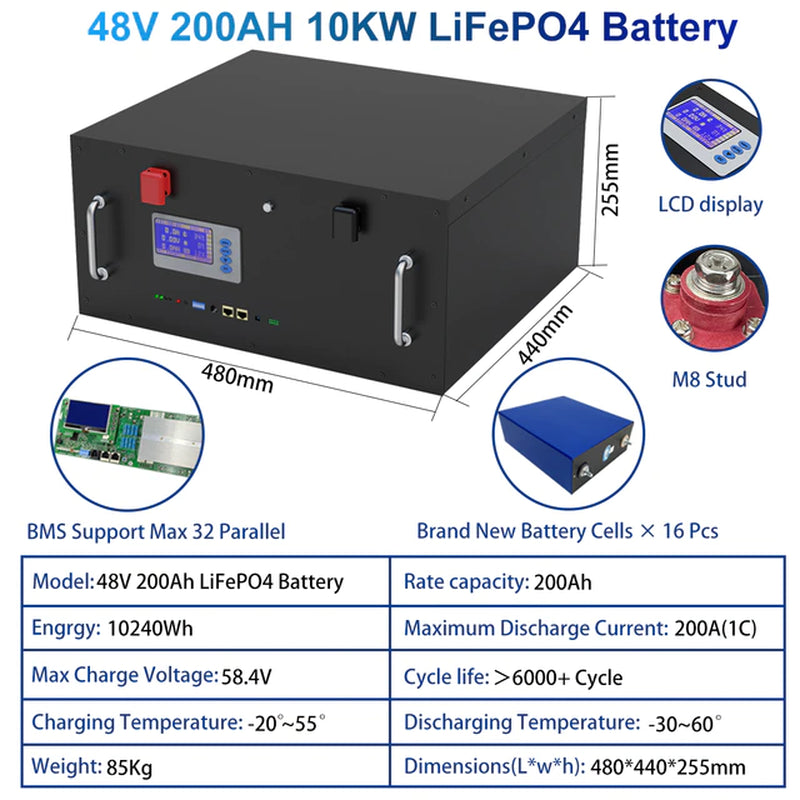 Powerwall 48V 100AH 200AH Lifepo4 Battery Pack 10KWH 5KWH 32 Parellel 6000+ Cycle Lithium Ion CAN/RS485 for Home Solar System