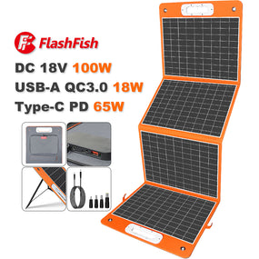 Flashfish 18V 100W Foldable Solar Panel Portable Solar Charger DC Output PD Type-C QC3.0 for Phones Tablets Camping Van RV Trip