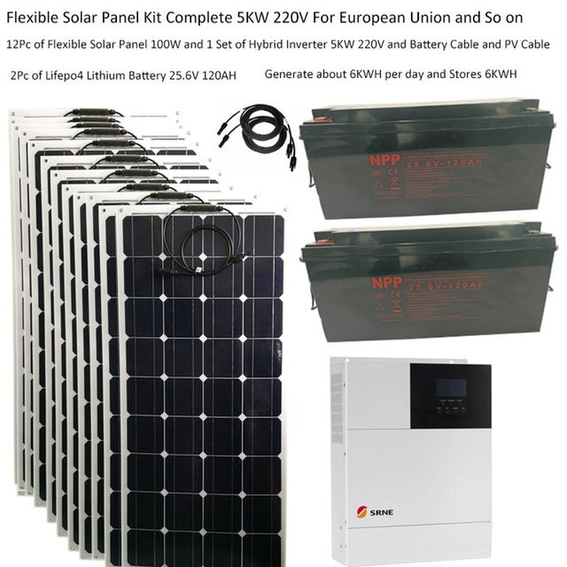 Flexible Solar System - Complete Kit 5000W 110V or 220V Lifepo4 Lithium Battery Hybrid Inverter