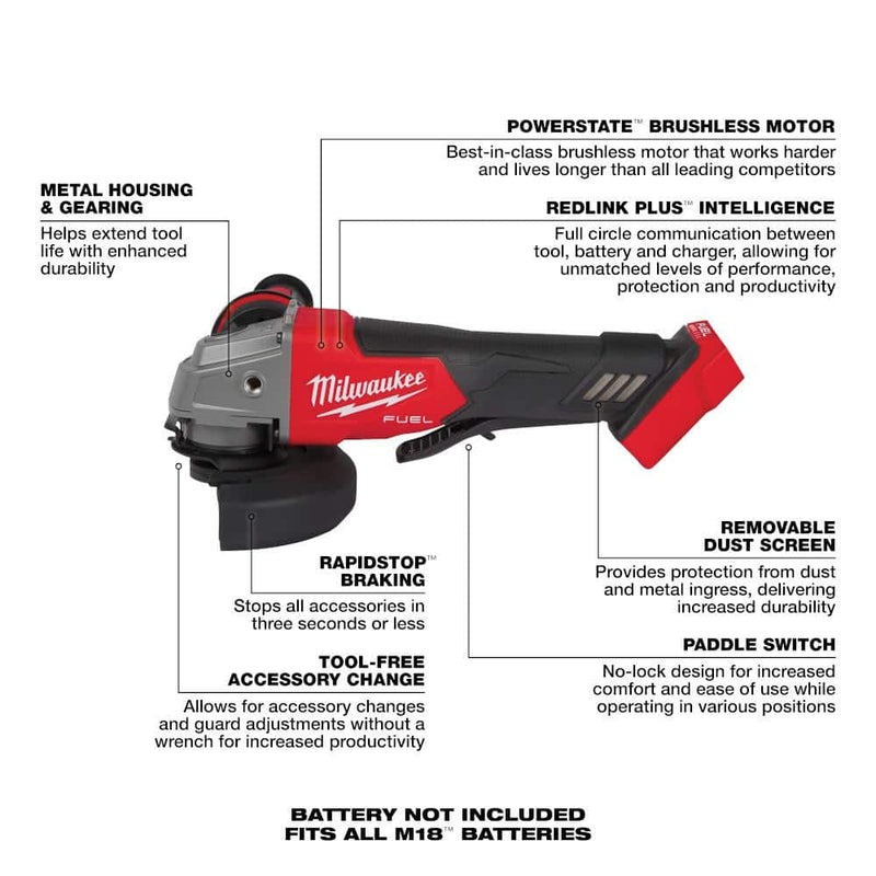 Milwaukee M18 FUEL 4-1/2 in./5 in. Grinder -18V Lithium-Ion Brushless Cordless Grinder with Paddle Switch includes (1) 5.0 Ah Battery