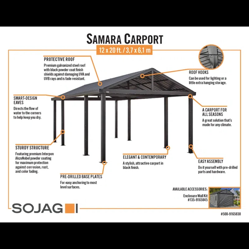 Samara 12 Ft. X 20 Ft. Car Port, Metal Canopy