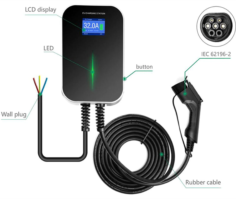 Wallmount Electric Vehicle Charging Station Type 2 EVSE Wallbox 7Kw 32A EV Car Charger Ev Cable IEC 62196-2 1 Phase for Audi BMW