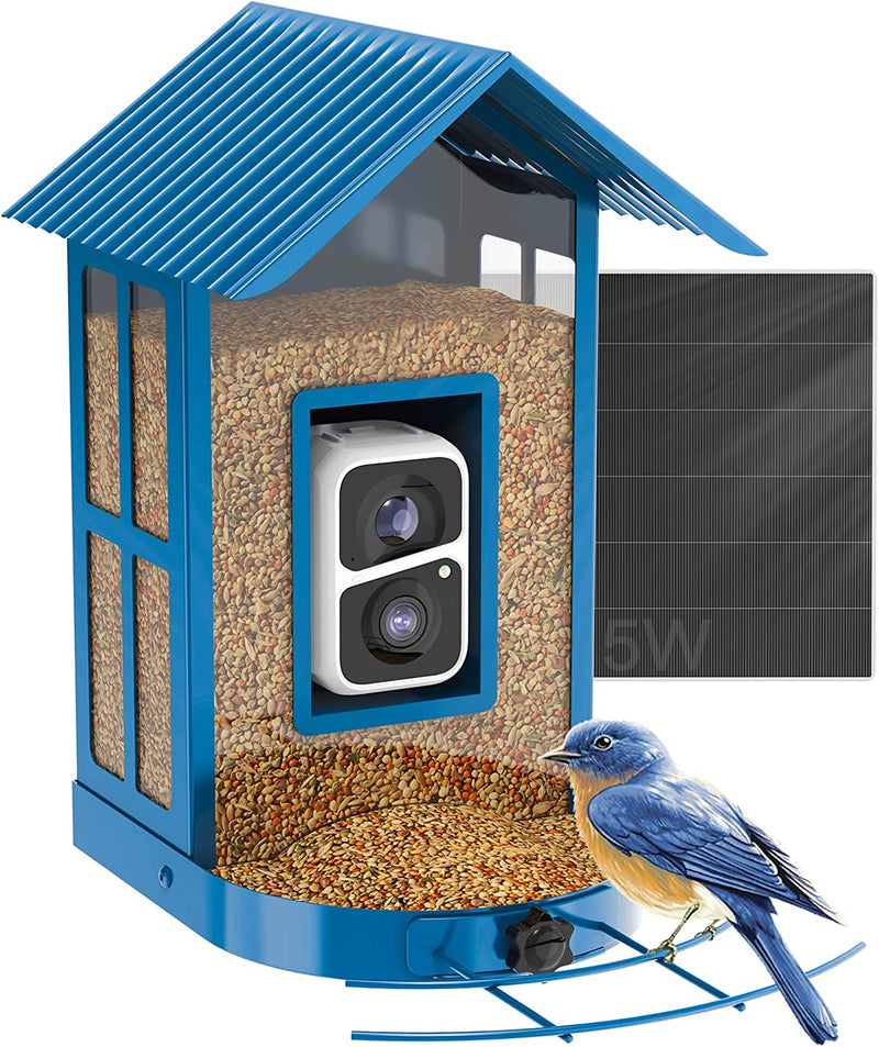 Bird Feeder - Wireless Outdoor Camera, Video with AI Identify Bird Species, Auto Record Bird Video & Notify You,5W Solar Panel,Ip65 Weatherproof, Metal Case