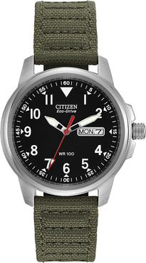 Men's Eco-Drive Weekender Garrison Field Watch in Stainless Steel with Olive Nylon Strap, Black Dial (Model: BM8180-03E)