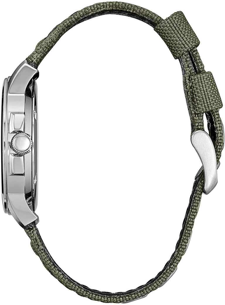 Men's Eco-Drive Weekender Garrison Field Watch in Stainless Steel with Olive Nylon Strap, Black Dial (Model: BM8180-03E)