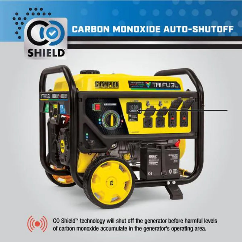 Champion 10,000 Watt Electric Start Tri-Fuel Portable Generator - Gasoline Propane and Natural Gas with NG and LPG Hoses