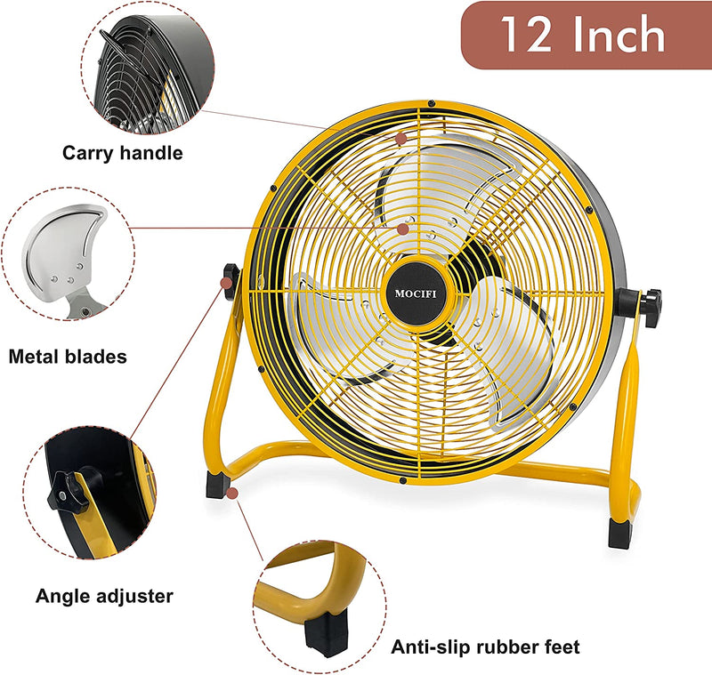 12 Inch High Velocity Rechargeable Floor Fan with Metal Blade 12-Speed Portable Power Fan for Home, Travel, Commercial, Residential, Outdoor Indoor Use, Yellow