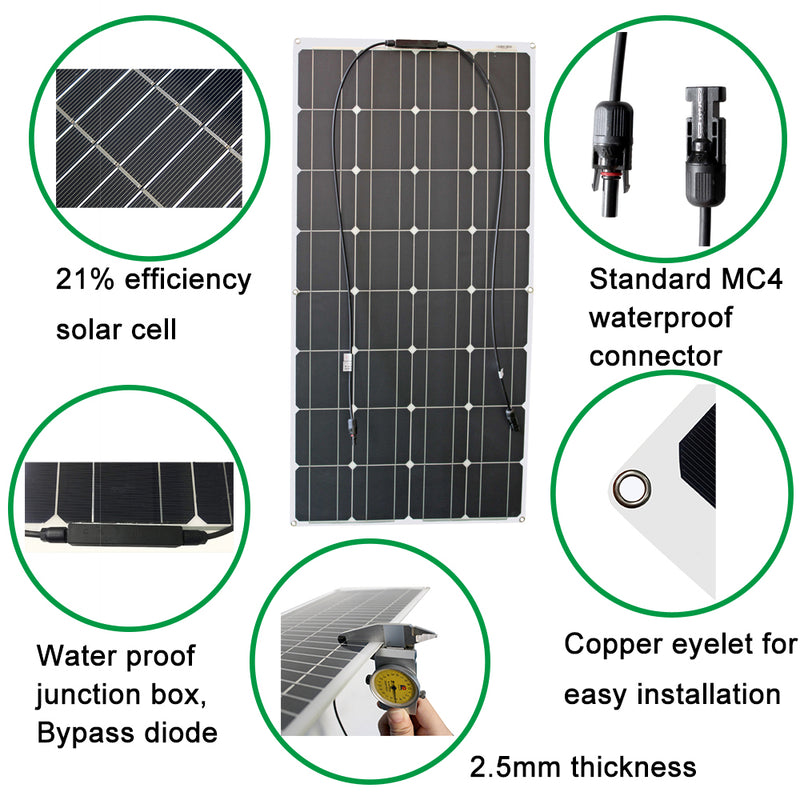 Portable, Flexible Monocrystalline Solar Panels  - 100W  200W 12V - 16V 800W Plate Cells
