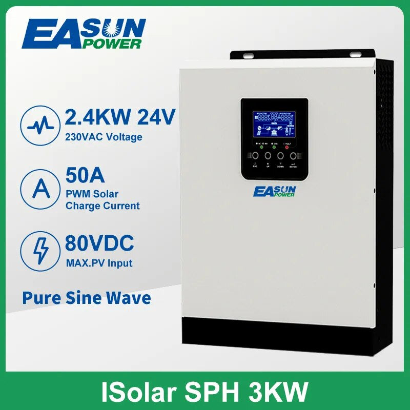 Easun 3000W Solar Inverter Pure Sine Wave 3KVA Inverter 220VAC 2400W 24VDC PWM 50A Solar Charger Controller 50HZ Hybrid Inverter