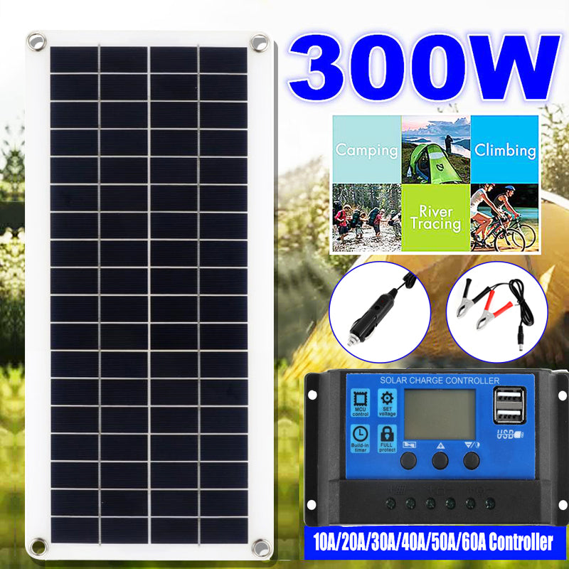 300W Complete Solar Panel Kit -12V USB with 10-60A Controller - Solar Cells for Car, Yacht, RV, Boat - Moblie Phone Battery Charger