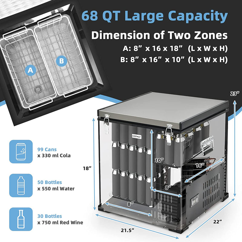 68-Quart  Portable Chest Freezer - Car Refrigerator (-11℉- 50℉) with 12V/24V DC & 110V/240V AC Adapter, Electric Compressor Fridge Cooler for Vehicles, Truck, RV