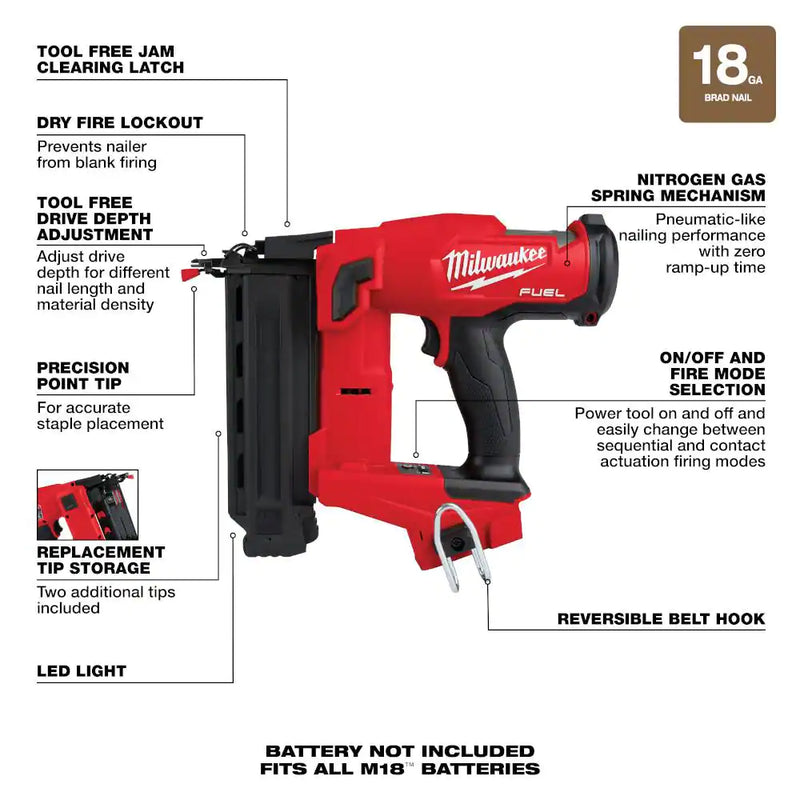 MILWAUKEE M18 FUEL 18ga Brad Nailer - 18-Volt Lithium-Ion Brushless Cordless Gen II 18-Gauge Brad Nailer (Tool-Only)