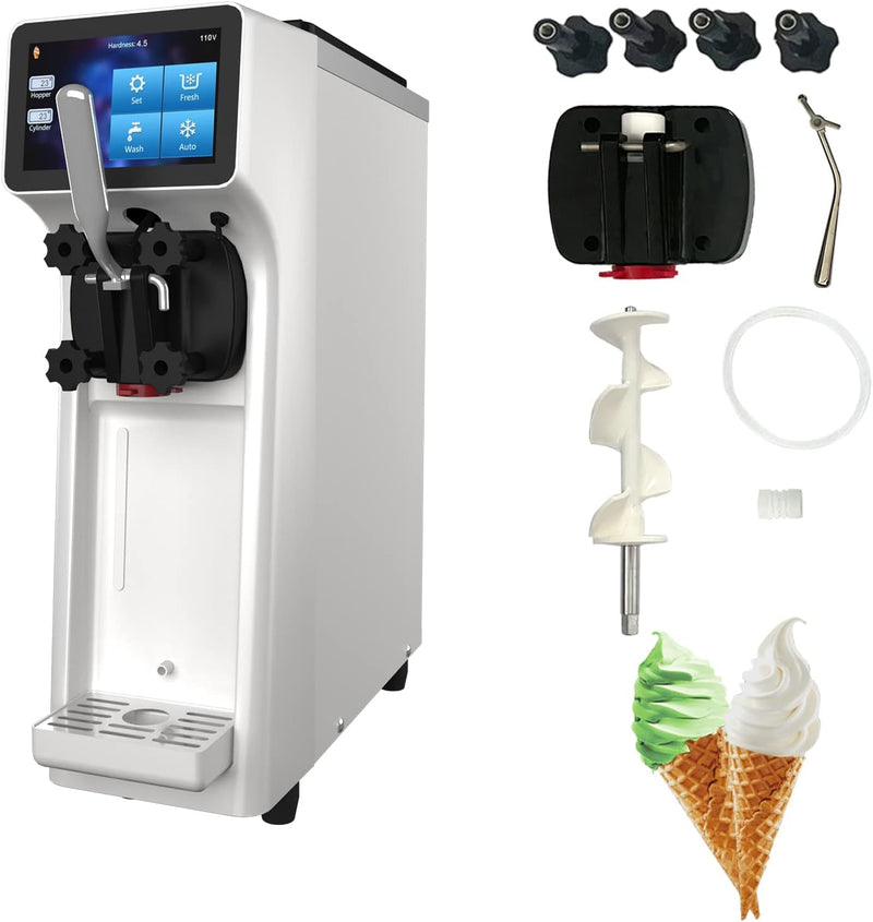 Ice Cream Maker - Commercial Machine - 1000W Single Flavor Soft Serve 110V Ice Cream Machine 2.7 to 4 Gallons per Hour Touch LCD Display & Auto Clean