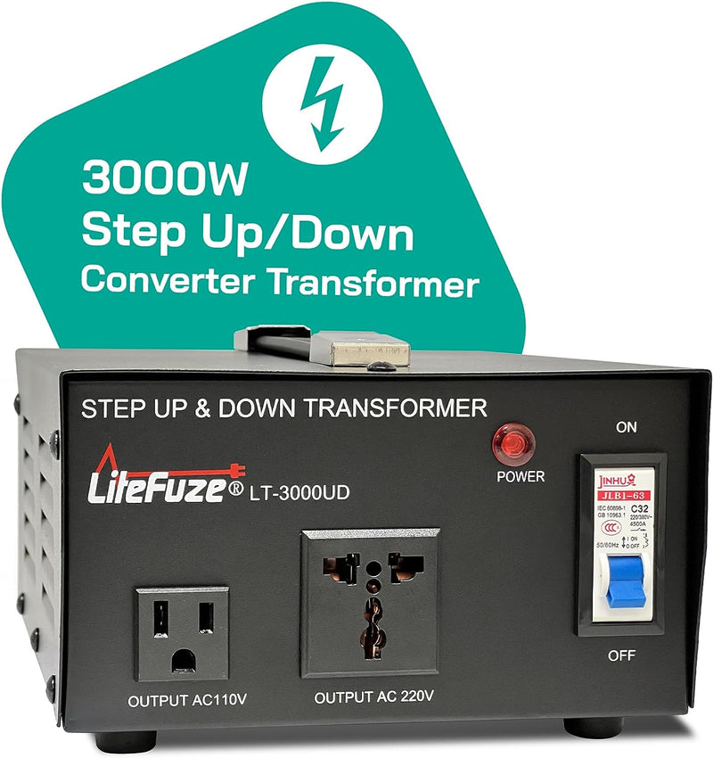 Step Up/ Step Down Voltage Converter 3000Watt Transformer - 110V to 220V / 220V to 110V Power Converter - Fully USA Grounded - Universal Outlet Socket, 2X US Outlets - CE Certified