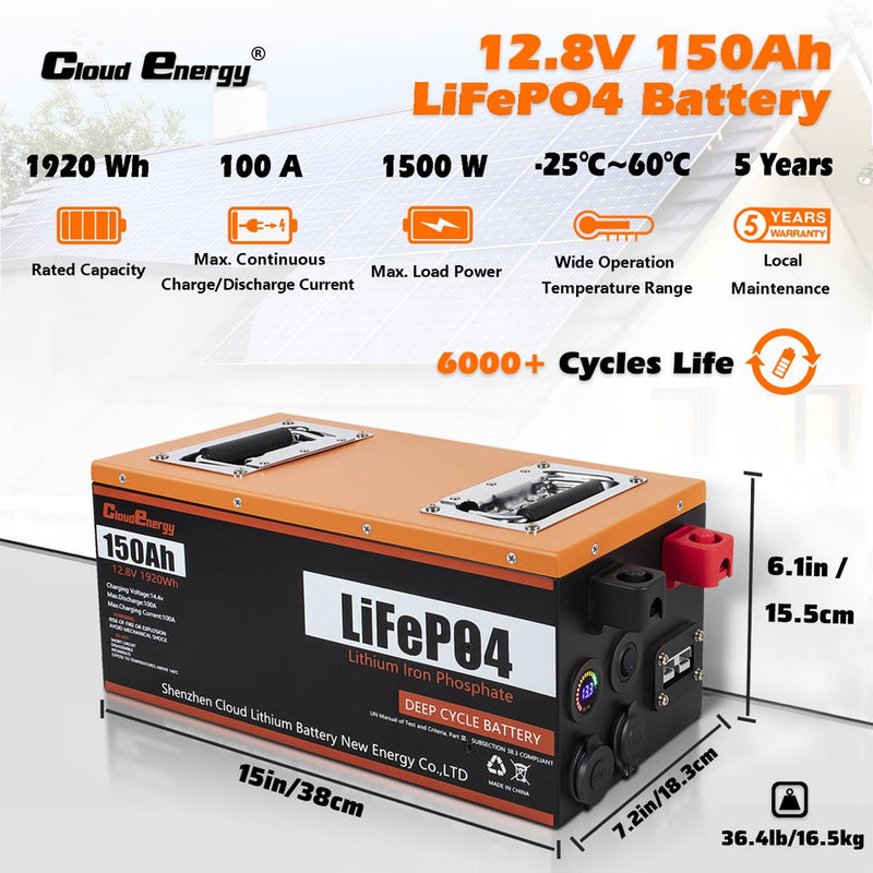 CloudEnergy Lifepo4 Deep Cycle Battery 12V 150Ah with Built-In 100A BMS, Perfect for RV, Solar, Marine and off Grid Applications
