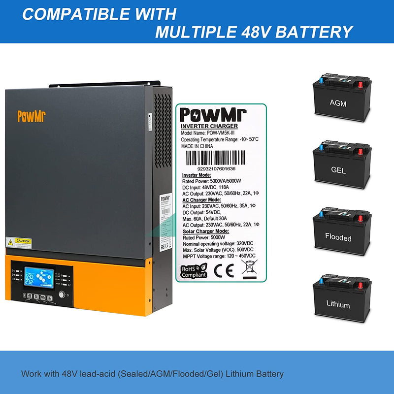 Solar Hybrid Inverter 5000W 48V DC to 220V/230V AC with 80A MPPT Charge Controller for Lead-Acid and Lithium Batteries