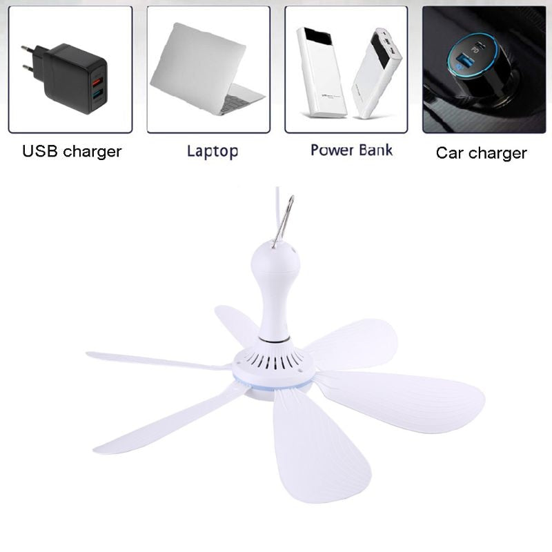 Silent Ceiling Fan - 6 Blades - USB Powered with Remote Control - 4 Speeds - Hanging Design for Camping, Dormitory, Tent