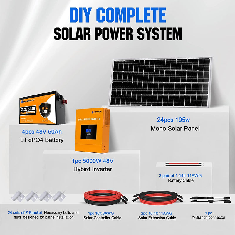 Solar Power Kit - 18.7KWh 4680W - 24Pcs 195W Mono Solar Panel + 1Pc 5000W 48V All-In-One MPPT Solar Charge Inverter + 4Pcs 48V 50AH Lithium Battery(10Kwh) +Z-Bracket