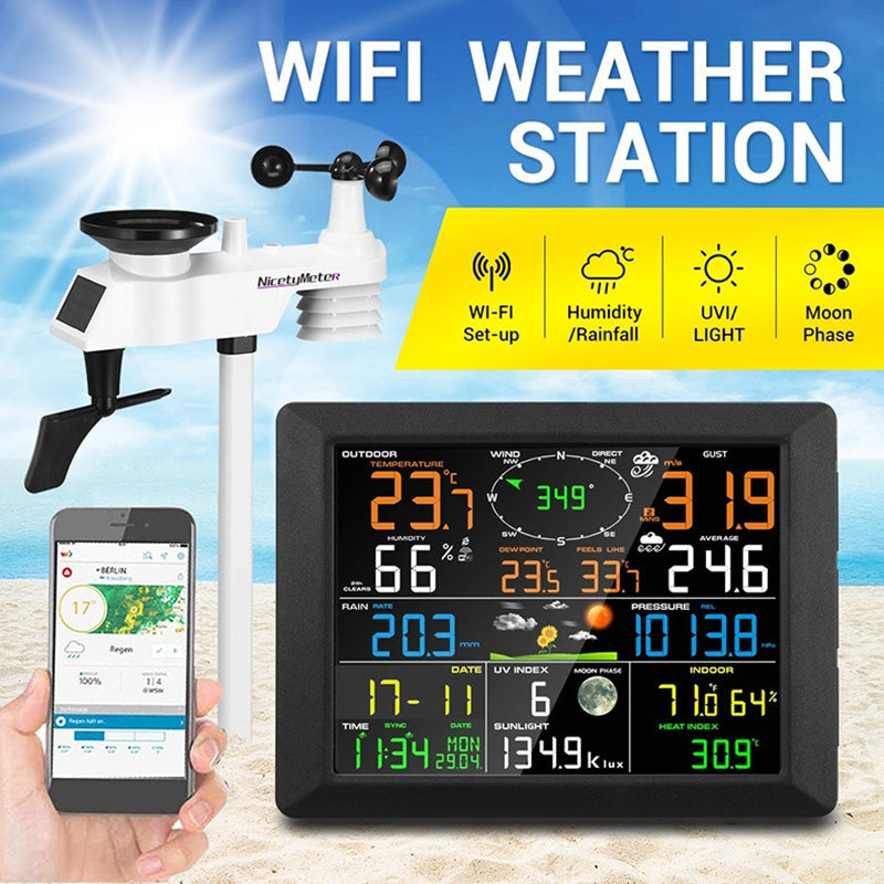 Solar Power Wireless Weather Station Temperature Humidity Rainfall UV Index Wind Gauge Wifi Weather Forecast Internet Data