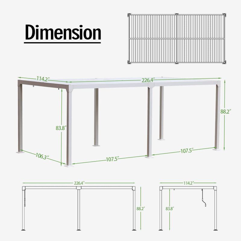  Louvered Aluminum Pergola - 20 X 10 FT -  Adjustable Hardtop, for Lawn and Garden - White