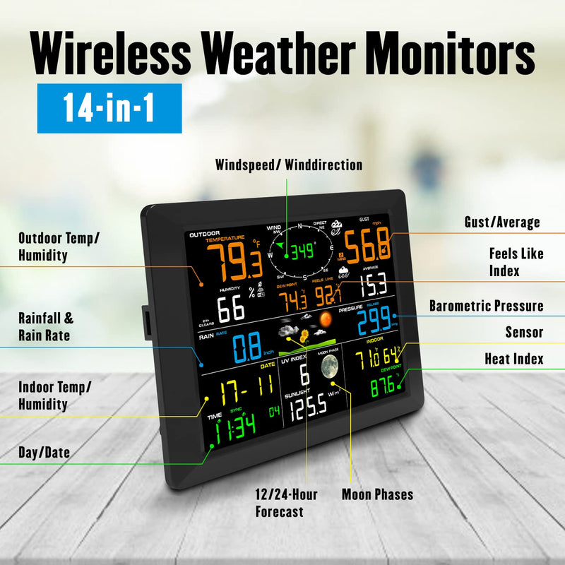 Wifi Weather Station, 10.2 Inch Large Display - Wireless Weather Station Indoor Outdoor - Rain Gauge, Wind Speed, Weather Forecast, Wind Gauge