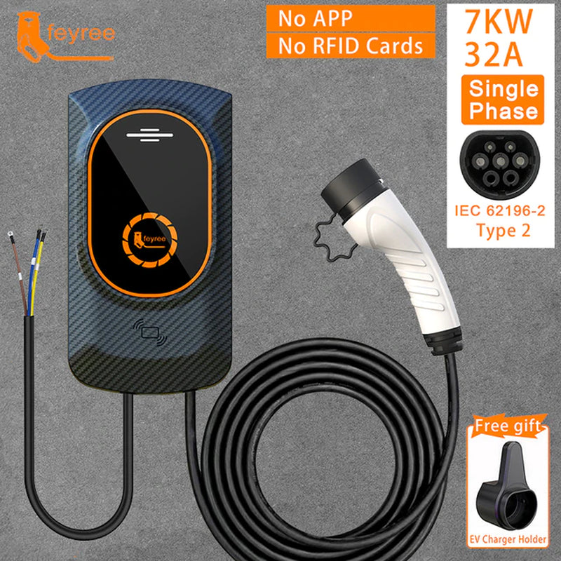  Wallbox Electric Vehicle Charging Station Type2 EVSE 32A 7KW 1 Phase IEC62196-2 Plug EV Charger 5M Cable