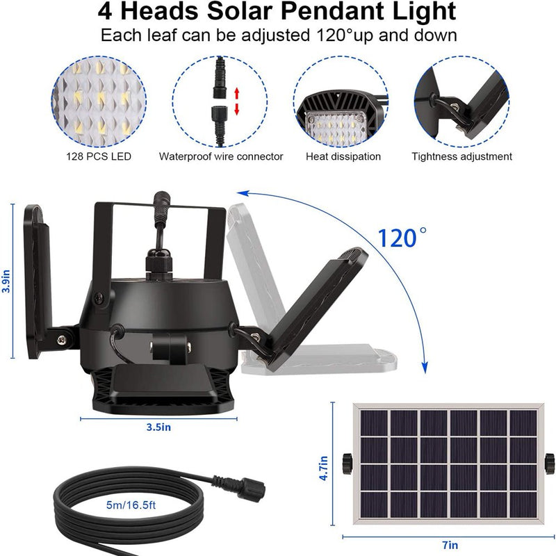 Solar Pendant Light Indoor / Outdoor - 1000LM 128LED 4-Leaf 120° Adjustable Solar Motion Sensor Light with Remote - 4 Lighting Modes