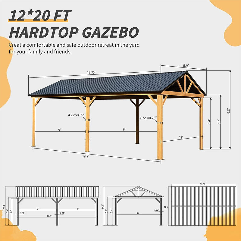 12X20Ft Hardtop Pergola - Galvanized Steel Gable Roof - Wood Grain Aluminum Frame, Waterproof 